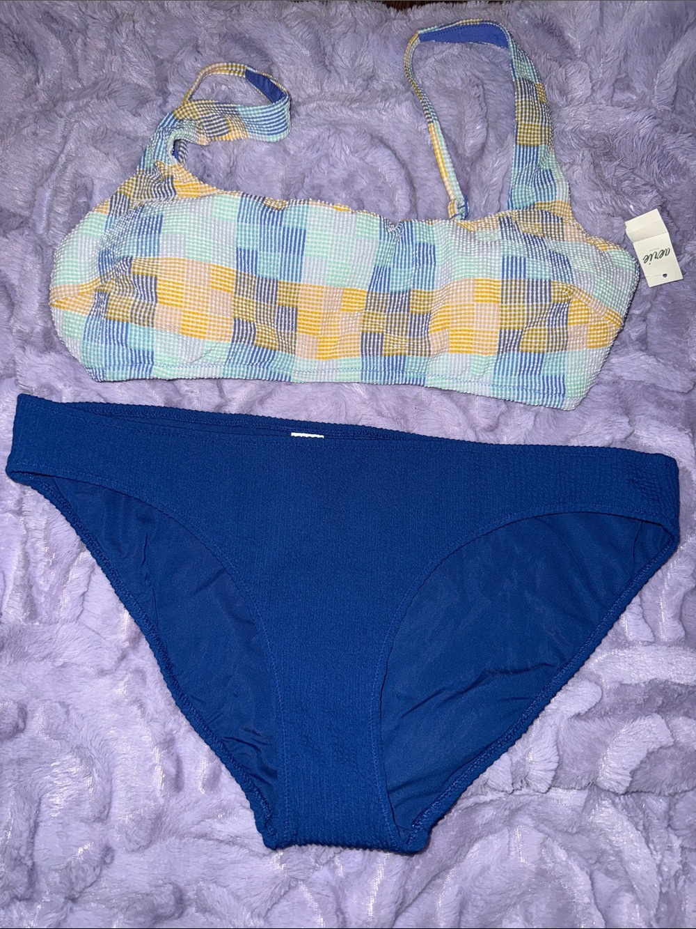 aerie Two-Piece Bikini Set in Blue, Yellow, Mint Plaid Top